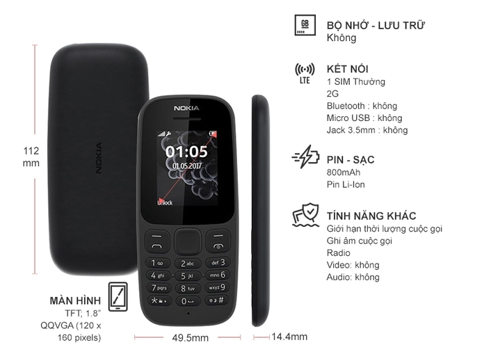 Điện Thoại Nokia 105 Single Sim 2017 Đen