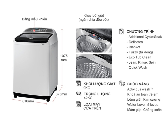 Máy giặt Samsung Inverter 9 kg WA90J5710SG
