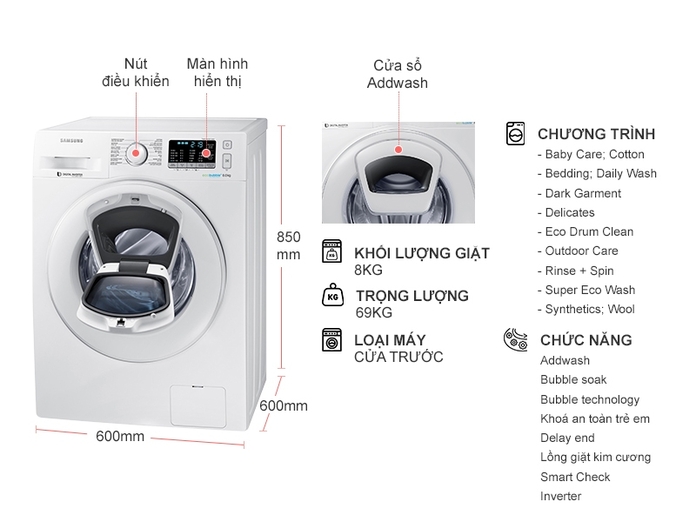 MÁY GIẶT SAMSUNG ADDWASH 8 KG WW80K5410WW/SV