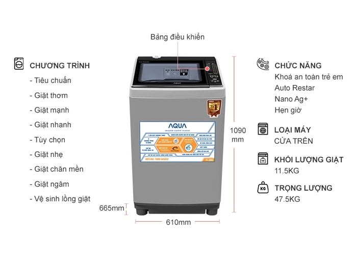 Máy giặt Aqua 11.5 kg AQW-FW115AT (S)