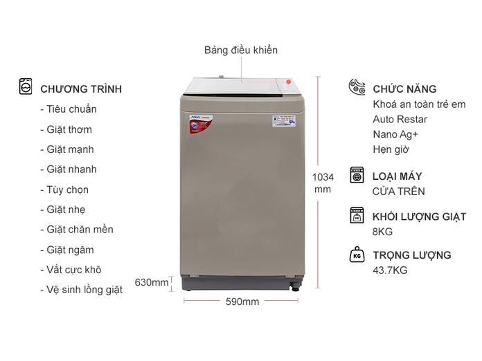 Máy giặt Aqua 8 kg AQW-U800BT (S)