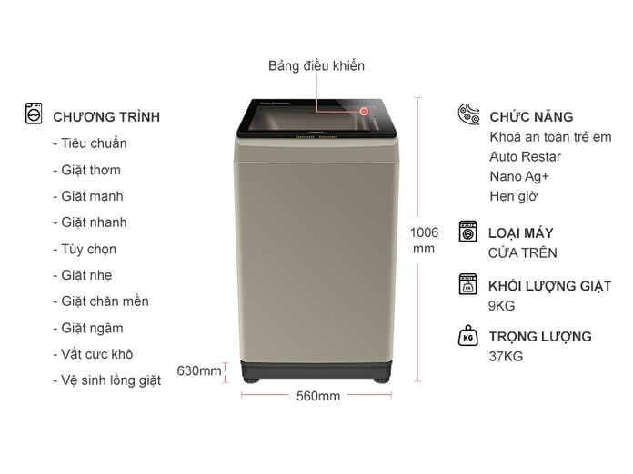 Máy giặt AQUA 9 kg AQW-W90CT (N)