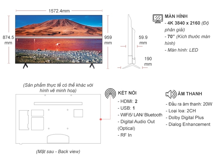 Smart Tivi Samsung Crystal UHD 4K 70 inch UA70TU7000KXXV