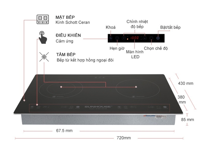BẾP ĐÔI ĐIỆN TỪ HỒNG NGOẠI SUNHOUSE SHB9106-ES