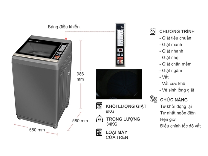 Máy giặt Aqua Inverter 9 kg AQW-DK90CT.S