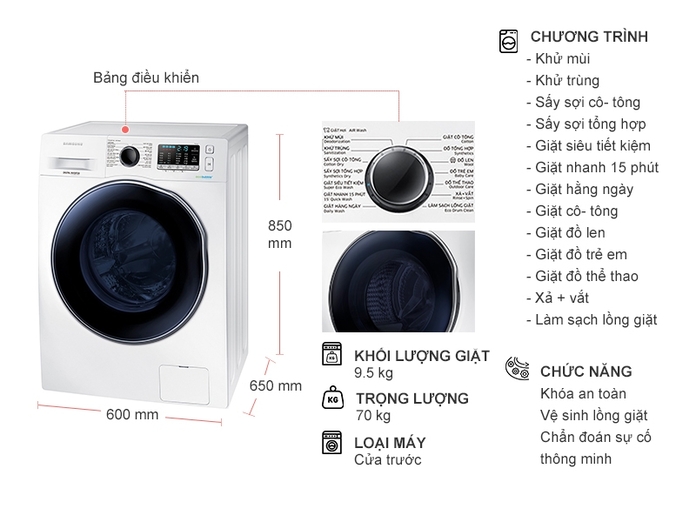 Máy giặt sấy Samsung 9.5 Kg WD95J5410AW