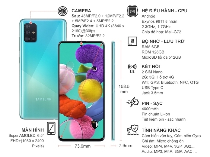 Điện thoại Samsung Galaxy A51 128GB Xanh