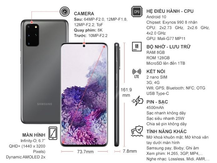 Điện thoại Samsung Galaxy S20+ Xám