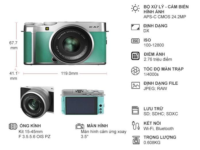 Máy ảnh Fujifilm X-A7/XC1545 Xanh bạc hà