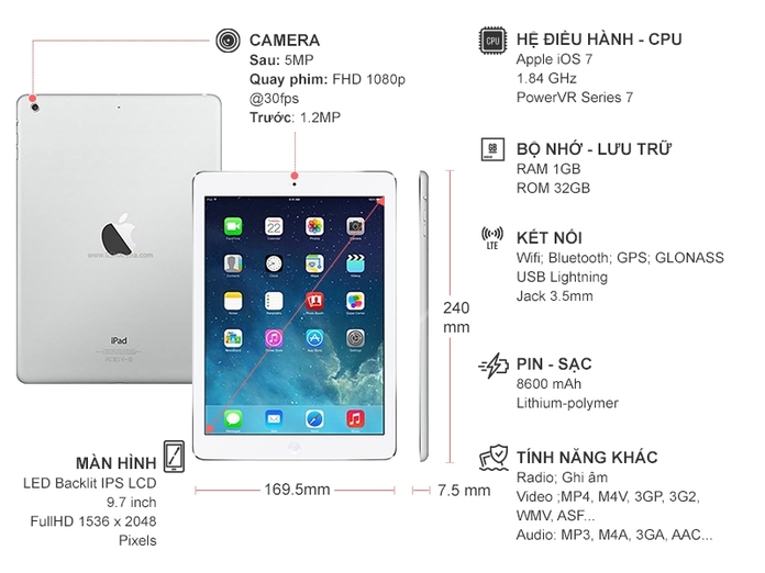 MÁY TÍNH BẢNG APPLE IPAD WI-FI 32GB SILVER-THA_MD789TH/A (iPad Air Wi-Fi)