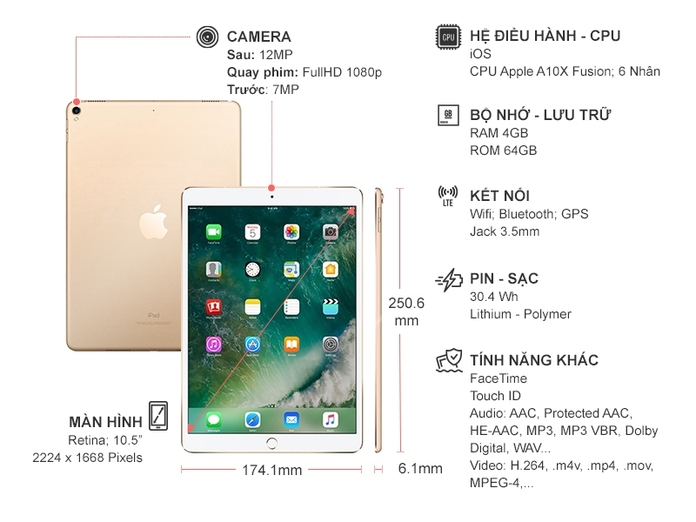 IPAD PRO 10.5 WIFI 64GB GOLD 2017 (MQDX2ZA/A)