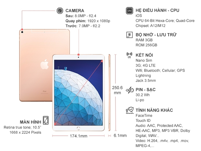 iPad Air 10.5 inch Wifi Cellular 256GB Gold