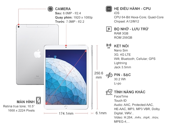 IPAD AIR WIFI + CELLULAR 256GB SILVER (MV0P2ZA/A)