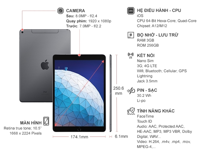 iPad Air 10.5 inch Wifi Cellular 256GB Space Gray