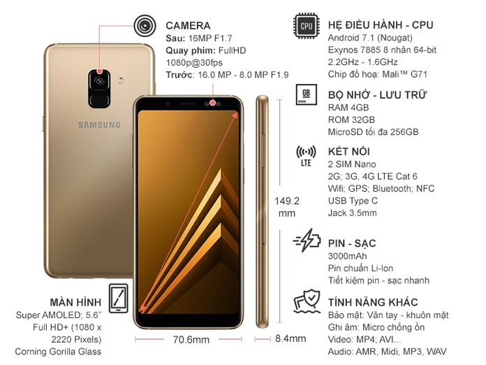 SAMSUNG GALAXY A8 2018 VÀNG