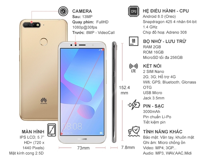HUAWEI Y6 PRIME 2018 VÀNG