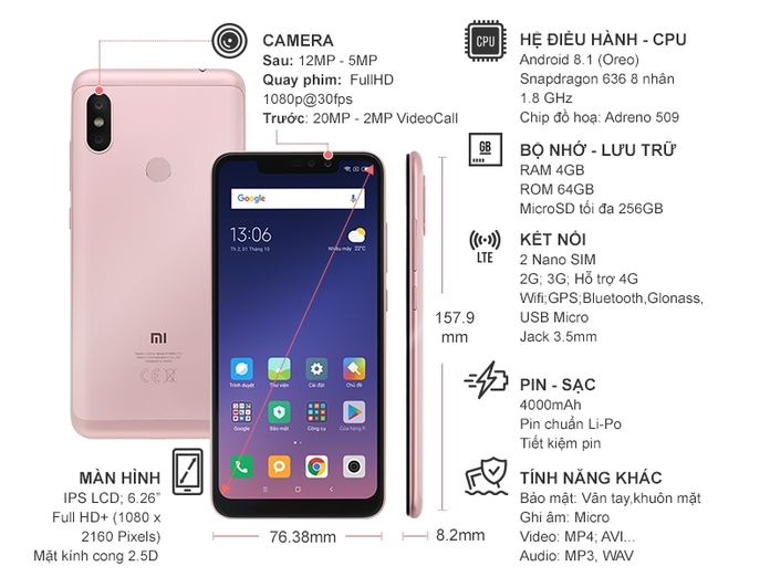 XIAOMI REDMI NOTE 6 PRO VÀNG HỒNG 64GB