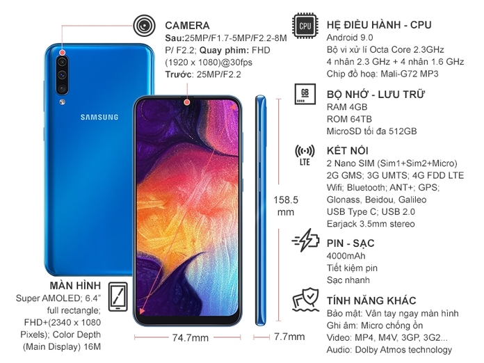 Điện thoại Samsung Galaxy A50 xanh 64GB