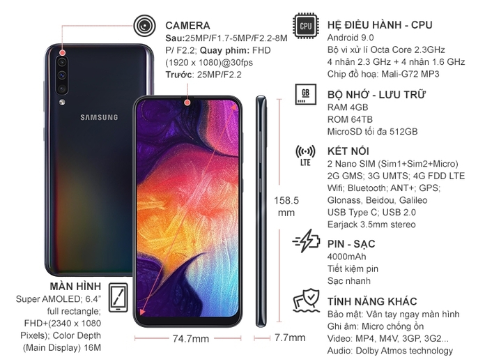 Điện thoại Samsung Galaxy A50 đen 64GB