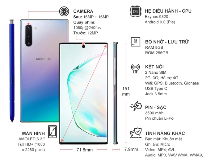 Điện thoại Samsung Galaxy Note 10 Bạc