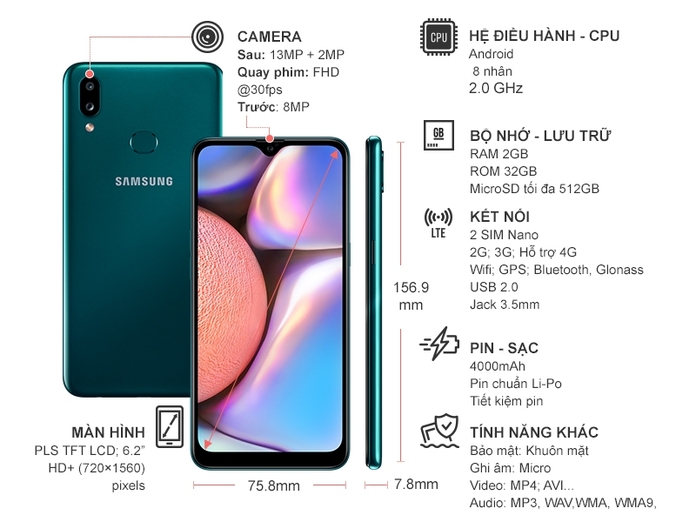 Điện thoại Samsung Galaxy A10s Xanh lá