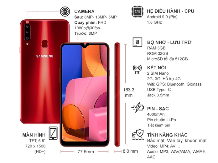 Điện thoại Samsung Galaxy A20s 32Gb Đỏ