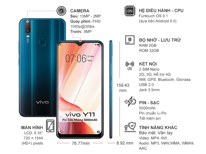 Điện thoại Vivo Y11 Xanh Ngọc Bích