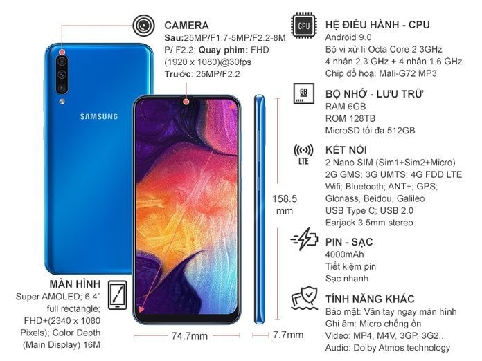 Điện thoại Samsung Galaxy A50 128GB Xanh