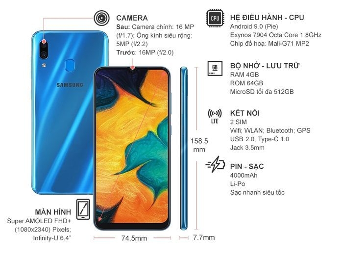 Điện thoại Samsung Galaxy A30 64GB Xanh