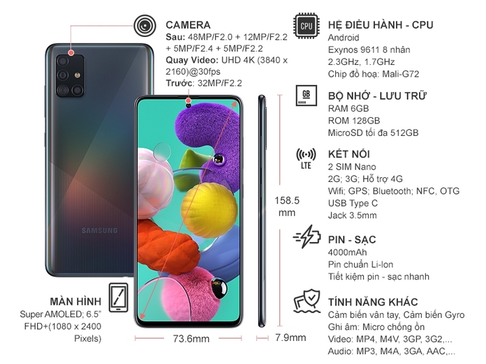 Điện thoại Samsung Galaxy A51 128GB Đen