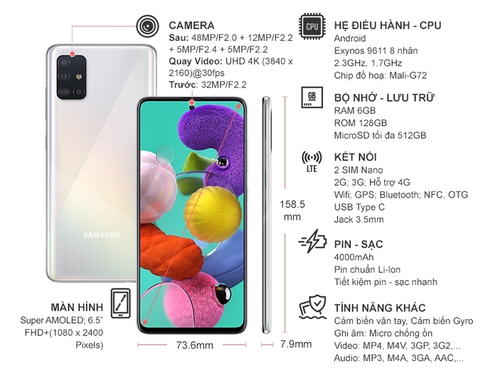 Điện thoại Samsung Galaxy A51 128GB Trắng