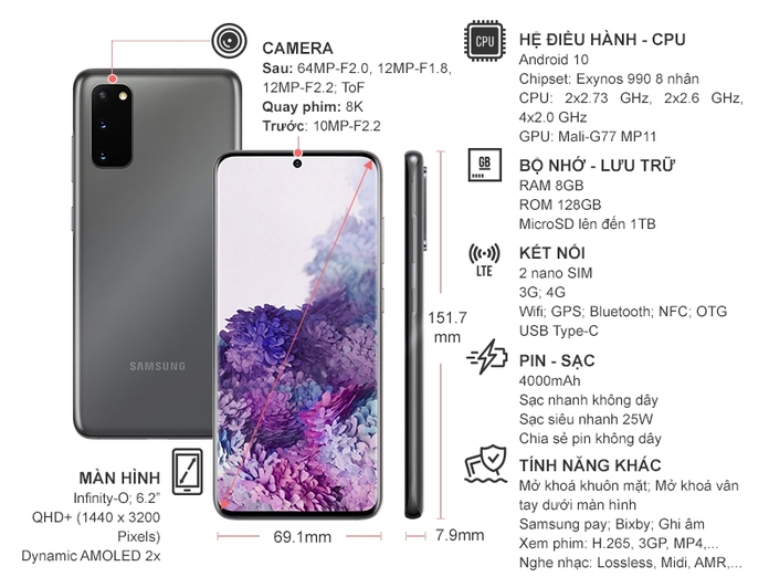 Điện thoại Samsung Galaxy S20 Xám