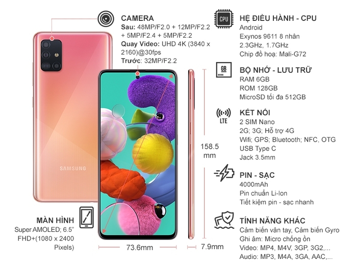 Điện thoại Samsung Galaxy A51 128GB Hồng
