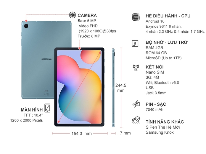 Máy tính bảng Samsung Galaxy Tab S6 Lite 64GB Xanh