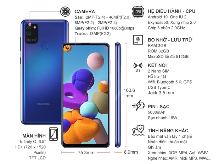 Điện thoại Samsung Galaxy A21s 3GB/32GB Xanh