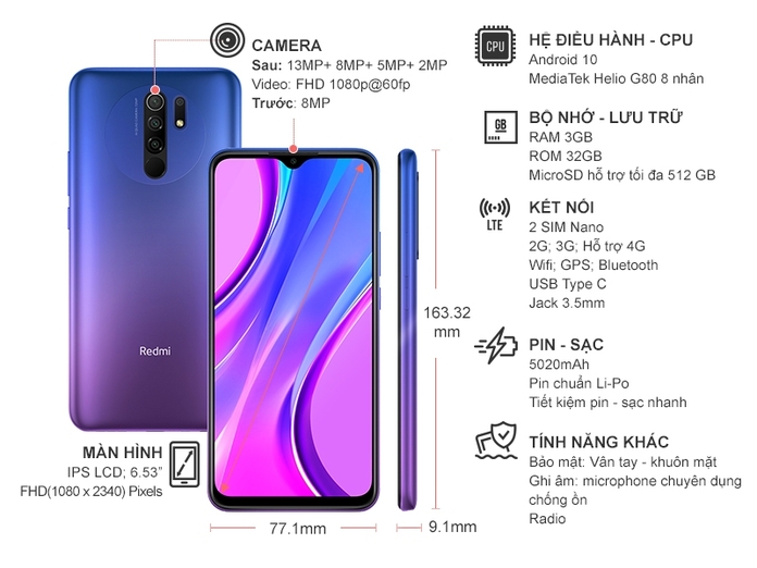Điện thoại Xiaomi Redmi 9 3GB/32GB Tím
