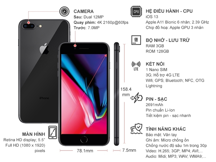 Điện thoại iPhone 8 Plus 128GB Xám