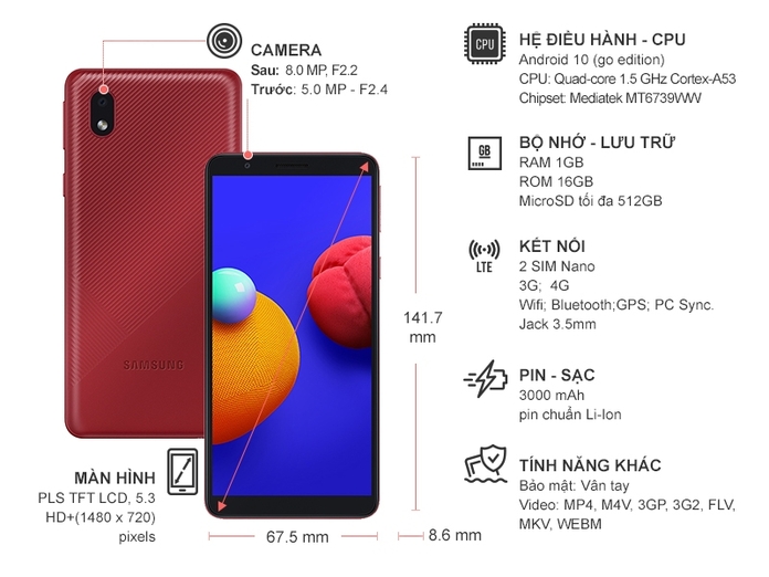 Điện thoại Samsung Galaxy A01 Core Đỏ