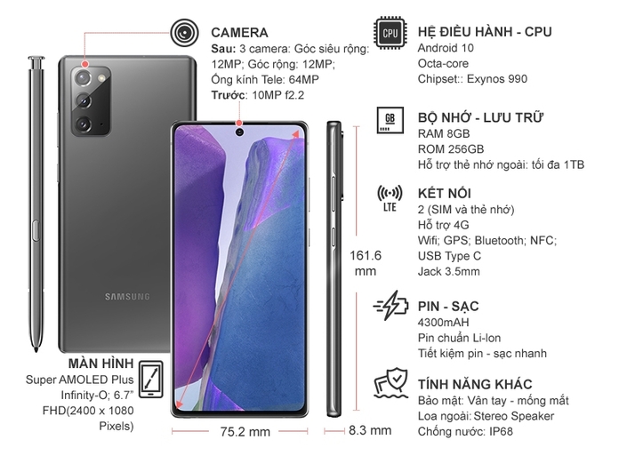 Điện thoại Samsung Galaxy Note 20 Xám