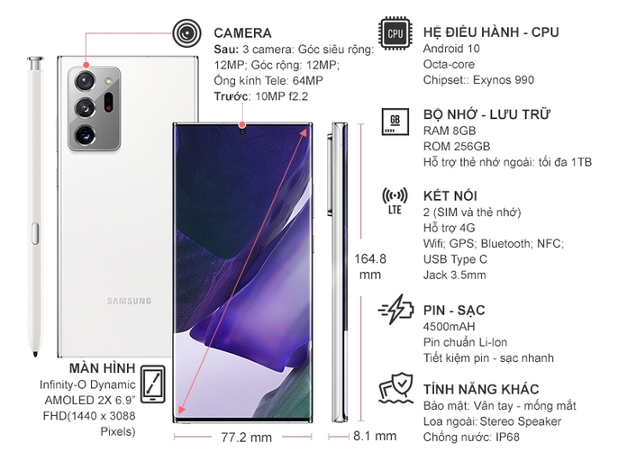 Điện thoại Samsung Galaxy Note 20 Ultra Trắng