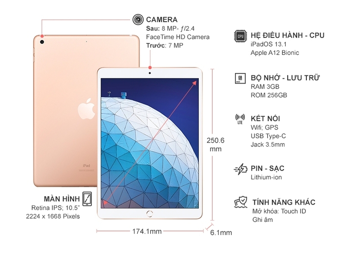 Máy tính bảng iPad Air 10.5 inch Wifi 256GB MUUT2ZA/A Vàng (2019)