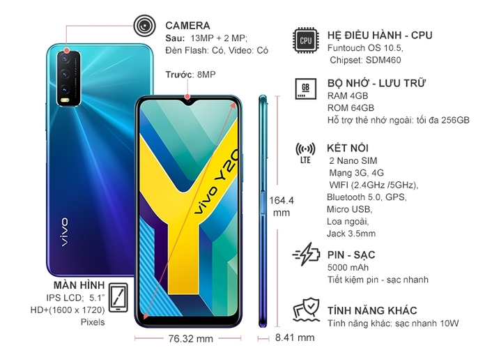 Điện thoại Vivo Y20 (4GB/64GB) Xanh thiên tú
