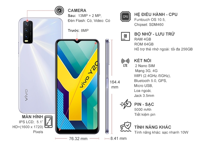 Điện thoại Vivo Y20 (4GB/64GB) Trắng tinh sương