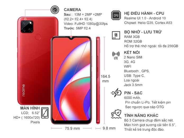 Điện thoại Realme C12 Đỏ san hô