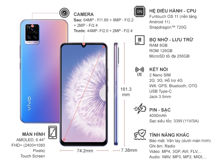 Điện thoại Vivo V20 (8GB/128GB) Xanh hồng