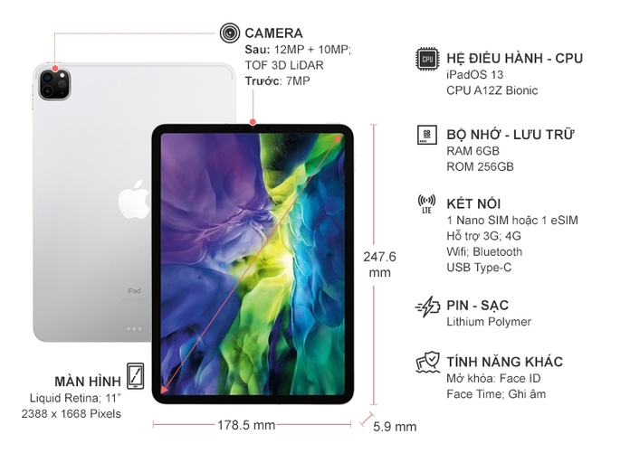 Máy tính bảng iPad Pro 11 inch Wifi Cell 256GB MXE52ZA/A Bạc 2020