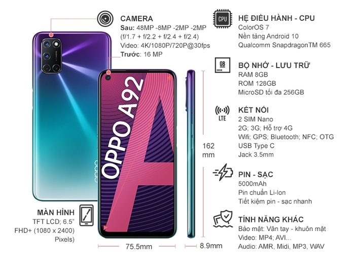 Điện thoại OPPO A92 Tím