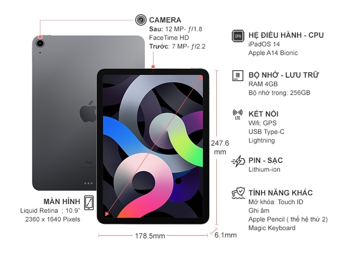 Máy tính bảng iPad Air 10.9 inch Wifi 256GB MYFT2ZA/A Xám 2020