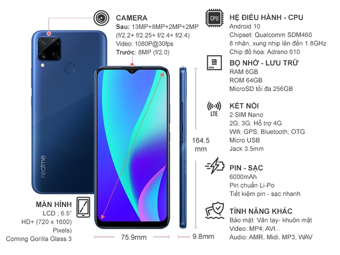 Điện thoại Realme C15 Xanh Hải Dương