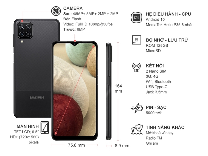 Điện thoại Samsung Galaxy A12 4GB/128GB Đen Giá Tốt, Trả Góp